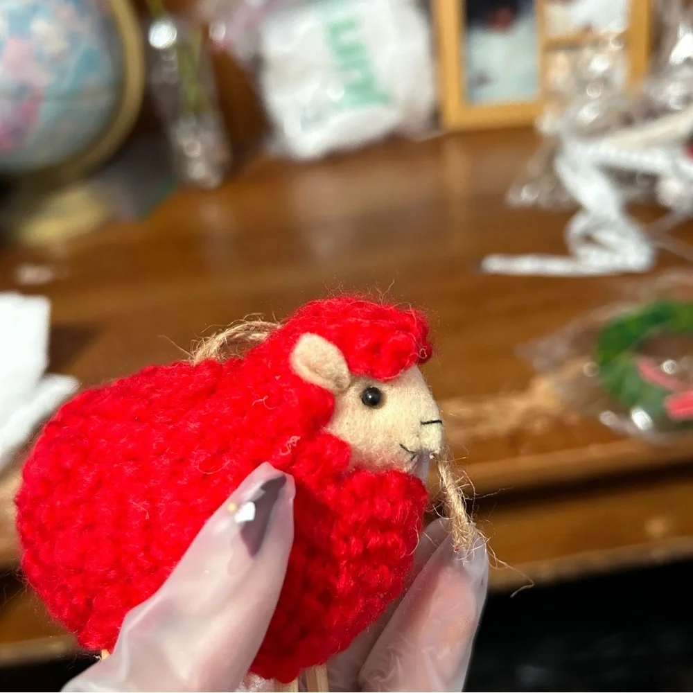 Red Fuzzy Sheep Christmas Ornament - “Candles”